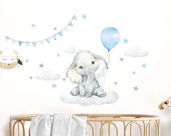 Autocollant mural pour chambre d'enfant garçon, autocollant mural décoratif, bébé animaux, éléphant, ballon, étoile, safari, autocollant bohème, peinture murale pour enfants, décoration murale, bleu DL684