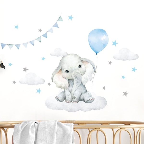 Wandtattoo Kinderzimmer Junge Deko Wandsticker Baby Tiere Elefant Luftballon Stern Safari Boho Aufkleber Kinder Wandbild Wanddeko blau DL684
