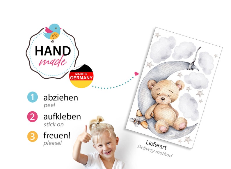 Bär auf dem Mond Wandtattoo für Kinderzimmer Teddybär mit Sterne Wandsticker Babyzimmer Deko DL831 zdjęcie 3