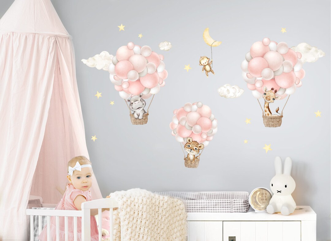 Wall Stickers for Children's Rooms Hot Air Balloons Safari Animals Wall ...