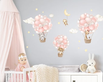 Wandsticker für Kinderzimmer Heißluftballons Safari Tiere Wandtattoo für Babyzimmer Ballons mit Wolken Wandaufkleber Wanddeko DL958