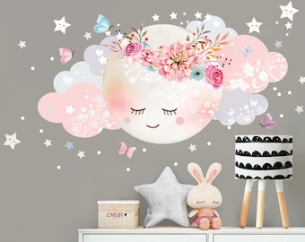 Sticker mural lune & nuages chambre d’enfants décalcomanie murale filles décoration bébé chambre DL240