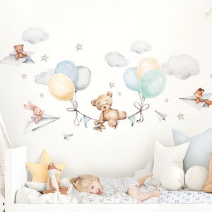 Bär mit Luftballons Wandtattoo für Babyzimmer Tiere Kinderzimmer Wandaufkleber selbstklebend Deko DL847