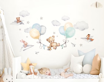 Autocollant mural ours avec ballons, autocollant mural pour chambre de bébé, animaux, chambre d'enfant, décoration auto-adhésive DL847
