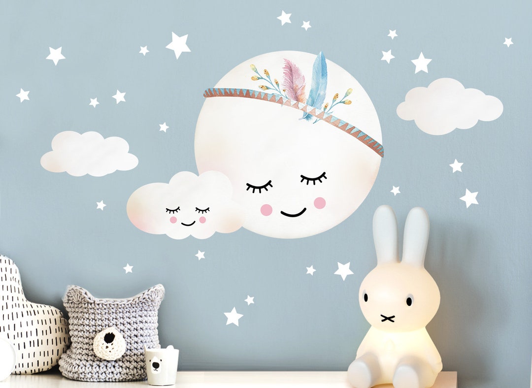 Wall Decal Children's Room Girl Moon Clouds Stars Feathers Wall Sticker ...