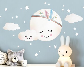 Wall Decal Children's Room Girl Moon Clouds Stars Feathers Wall Sticker Baby Room Self-adhesive Wall Sticker Baby Children DL263