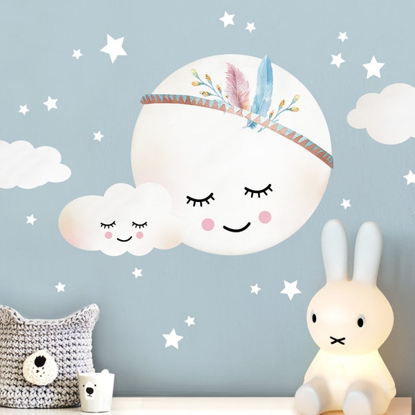 Wall Decal Children's Room Girl Moon Clouds Stars Feathers Wall Sticker Baby Room Self-adhesive Wall Sticker Baby Children DL263