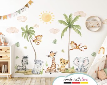 XXL Wall Sticker Set Baby Safari Animals Wall Decal for Children's Room Wall Stickers for Baby Room Lion Giraffe Self-Adhesive Decoration DL5075