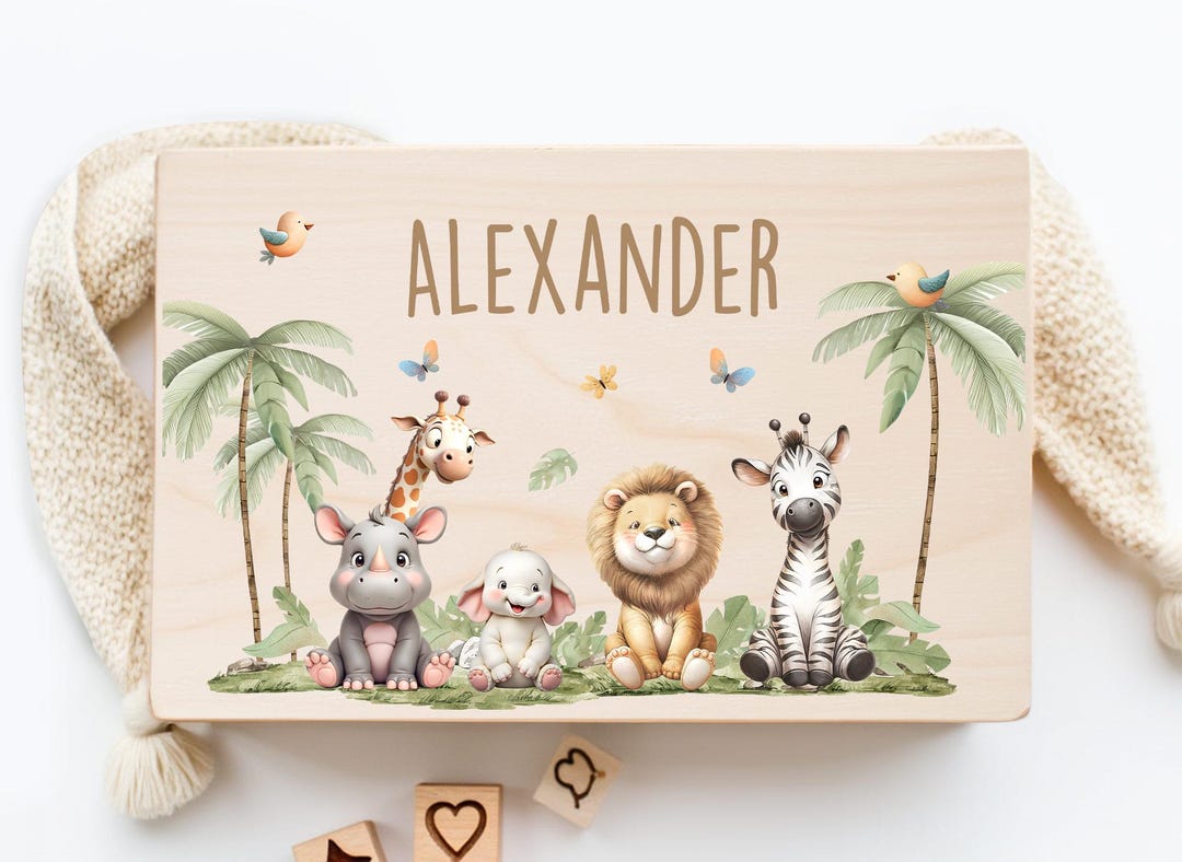 Personalized Baby Keepsake Box With Safari Animals – Birth Gift, Animal ...
