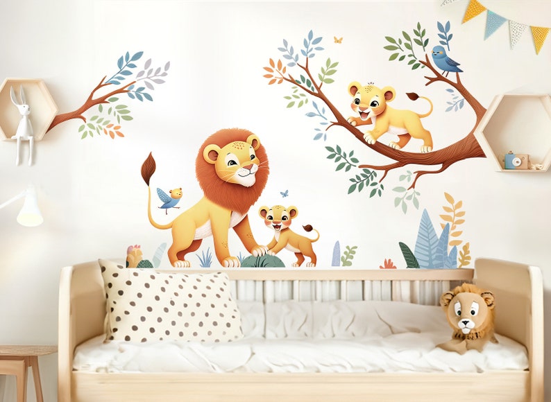 Autocollant mural motif lion de la jungle pour chambre de bébé, animaux de safari, autocollant mural pour chambre d'enfant, style bohème, décoration autocollante DL5036 image 1