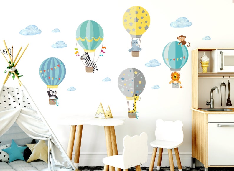 Autocollants muraux animaux du zoo en montgolfière, autocollants muraux pour chambre d'enfant, décoration d'animaux pour garçons, chambre de bébé, garçon, DL217 image 2