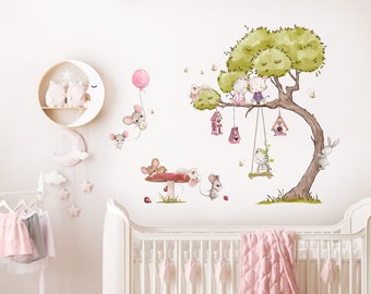 Wall sticker children's room girls mice with birdhouses wall sticker bunny self-adhesive pink swing wall sticker cats DL721