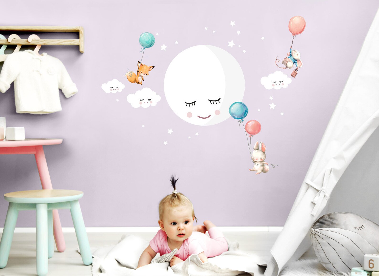 Wall Sticker Nursery Girl Moon Clouds Animals Balloon Blue | Etsy