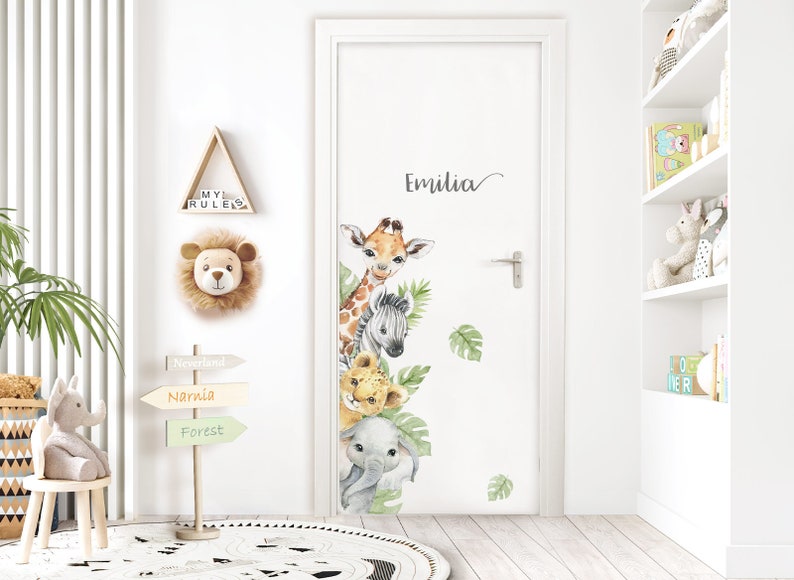 Adhesivo para puerta Adhesivo de pared con animales de Safari para habitación infantil, adhesivo para puerta para habitación de bebé, adhesivo de pared de jungla, adhesivo decorativo para pared DL969 imagen 2