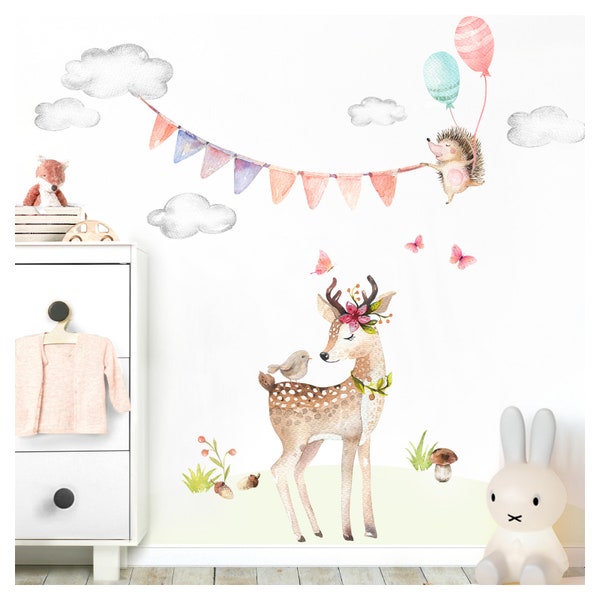 Wall Sticker Deer and Hedgehog with Balloons Clouds Garland Wall Decal Girls Children's Room Sticker Sticker Baby Room DL466