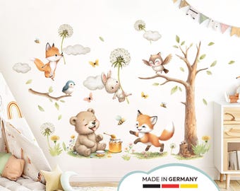 Set di adesivi murali XXL con animali del bosco per cameretta dei bambini, adesivi murali con orsi per cameretta dei bambini, adesivi murali con volpi, adesivi murali con alberi, autoadesivi DL5065