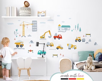 Wall sticker set: Excavator vehicles, wall decal for children's room, construction site wall sticker for baby's room, boy's wall decoration DL959