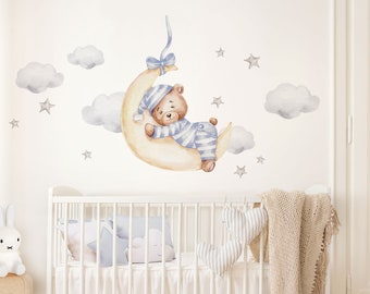 Sticker mural ours sur la lune sticker mural pour chambre d'enfant ours en peluche étoiles sticker mural déco DL823