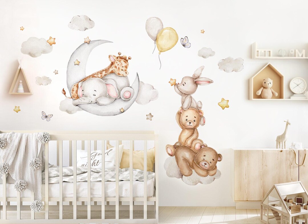 Boho Animals & Moon Wall Stickers for Children's Room, Balloon Bear ...