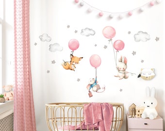 Wandtattoo Babyzimmer Fuchs Maus und Hase mit Luftballon Sterne Wolken Aufkleber Kinderzimmer Mädchen Wandsticker Baby Mädchenzimmer DL609