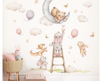 Autocollant mural animaux de la forêt pour chambre d'enfant, autocollant mural ours lapin pour chambre de bébé, autocollant mural lune, décoration autocollante DL5016