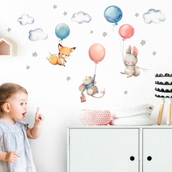Wall Decal Baby Room Rabbit Fox and Mouse Balloons Stars Children's Pictures Young Children's Rooms Girls Sticker DL312