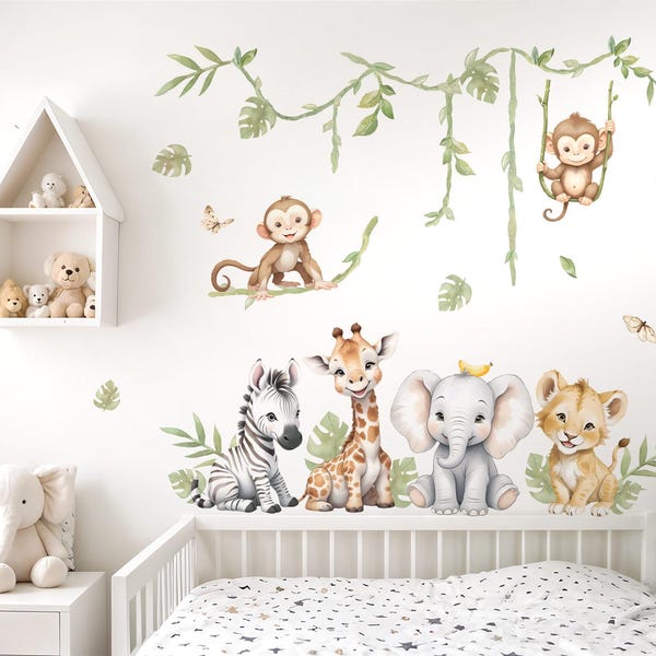 Jungle Giraffe Lion Wall Decal for Children's Room Safari Animals Zebra Wall Sticker Baby Room Boho Wall Decal Decoration Self-Adhesive DL5130
