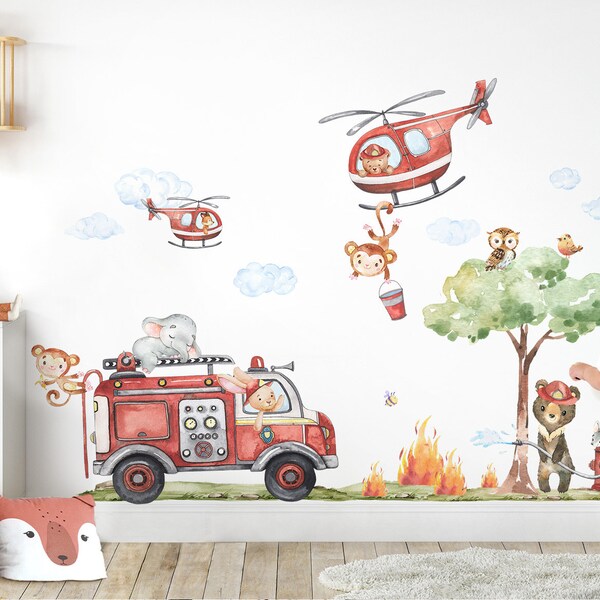 Set d'autocollants XXL Stickers muraux pompiers pour chambre d'enfant Animaux Nuages Arbre Stickers muraux pour chambre de bébé Stickers muraux Décoration autocollante DL960