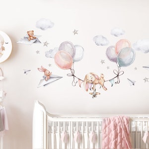 Rabbit with Balloons Wall Sticker Animals Baby Room Wall Decal for Children's Room Wall Sticker Self-adhesive Decoration DL846