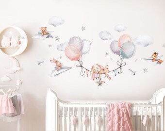 Lapin avec ballons Autocollant mural animaux Bébé Chambre Décalcomanie murale pour chambre d’enfants Autocollant autocollant Décoration autocollante DL846