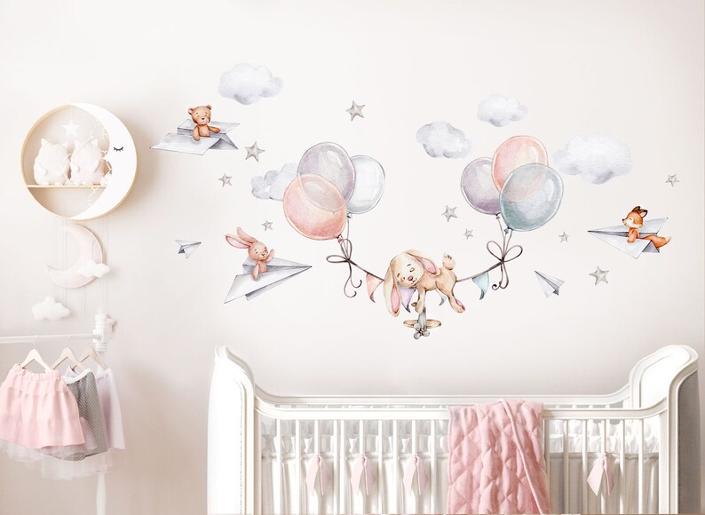 Rabbit with Balloons Wall Sticker Animals Baby Room Wall Decal for Children's Room Wall Sticker Self-adhesive Decoration DL846 image 1