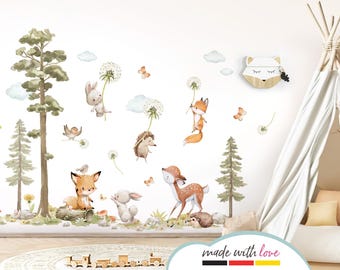 May include: A set of woodland animal wall decals featuring a fox, deer, hedgehog, bunny, and birds. The decals are perfect for a nursery or child's room and feature a whimsical, watercolor style.