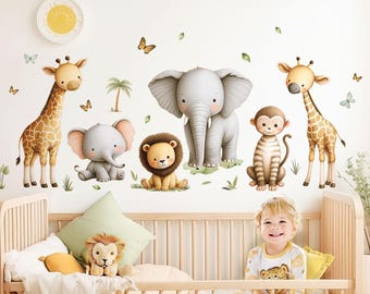 XXL Safari Set Wall Decal for Children's Room Jungle Animals Wall Stickers Baby Room Giraffe Elephant Wall Decal Decoration Self-Adhesive DL5038