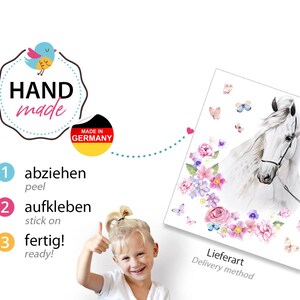 Wandtattoo Pferdekopf mit Blumen & Schmetterlingen Kinderzimmer Babyzimmer Kinder Aufkleber Wandaufkleber Wandsticker DL464 zdjęcie 4