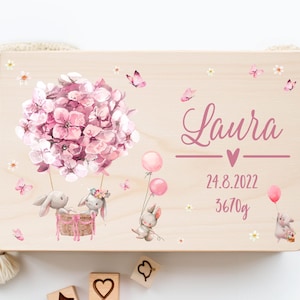 Caja de recuerdos personalizada para niña: regalo de nacimiento, caja de recuerdos para bebé conejito, regalo de bautizo, caja de madera, caja para bebé XHL1017