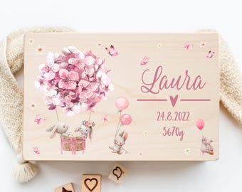 May include: A wooden box with a pink and white floral design. The box has a pink heart and the name "Laura" written on it. The date "24.8.2022" and the weight "3670g" are also written on the box.