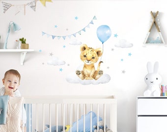 Wandtattoo Kinderzimmer Junge Deko Wandsticker Baby Tiere Löwe mit Ballon Sterne Safari Boho Aufkleber Kinder Wandbild Wanddeko blau DL686