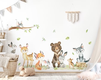 Wandsticker Waldtiere Set Wandtattoo für Kinderzimmer Bär Fuchs Hase Wandaufkleber für Babyzimmer Deko selbstklebend DL917