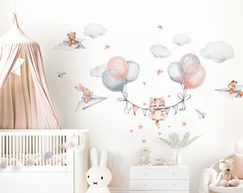 Chat avec ballons mur tatouage animaux chambre d'enfant sticker mural pour chambre de bébé sticker mural auto-adhésif décoration murale DL840