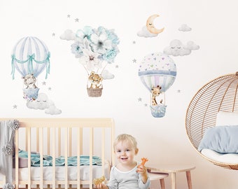 Tatouage mural autocollant mural chambre d'enfant animaux ballon à air chaud autocollant mural fleurs décoration murale salle de jeux bébé mural fille garçon nuages DL659