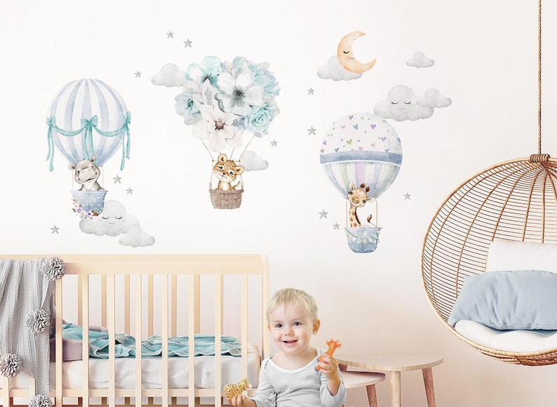 Wall tattoo wall sticker children's room animals hot air balloon wall sticker flowers wall decoration playroom baby mural girl boy clouds DL659 image 1