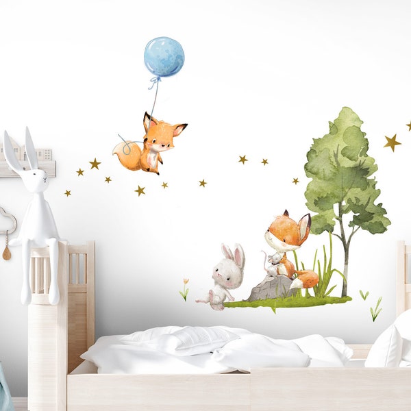 Wall Decal Self-adhesive Baby Room Fox and Rabbit Stars Sticker Balloons Wall Sticker Young Children's Room Girl Mouse Girl's Room DL724