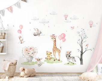 Sticker mural Chambre d’enfants Filles Animaux Jungle Zèbre Éléphant Lion Mur Decal avec étoiles et nuages Autocollant mural Ballon DL711
