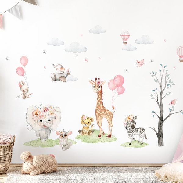 Wall Sticker Children's Room Girls Animals Jungle Zebra Elephant Leo Wall Decal with Stars and Clouds Wall sticker Balloon DL711