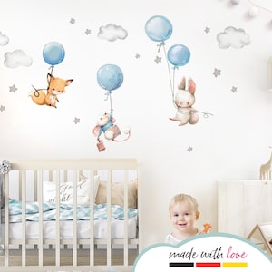 Wall sticker baby room fox mouse and rabbit with balloon sticker children's room boy wall sticker stars clouds baby blue DL611