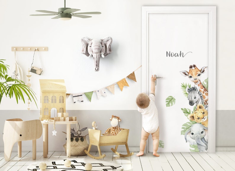 Adhesivo para puerta Adhesivo de pared con animales de Safari para habitación infantil, adhesivo para puerta para habitación de bebé, adhesivo de pared de jungla, adhesivo decorativo para pared DL969 imagen 1