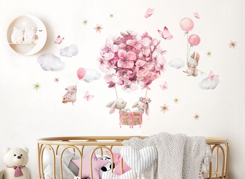 Autocollant mural montgolfière fleurs papillons, autocollant mural animaux avec ballon, décoration murale pour chambre d'enfant DL820 image 1