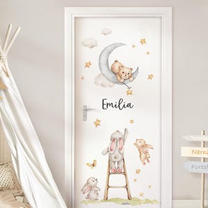 Adesivo de parede de animais para porta, adesivo de parede de lua personalizado para quarto de criança, adesivo de parede de quarto de bebê com nome, decoração autoadesiva dl5081
