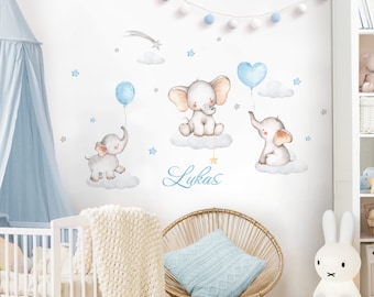 Wandtattoo selbsklebend Babyzimmer Elefanten mit Wunschname Aufkleber Kinderzimmer Wandsticker Ballons Wandaufkleber Wolken Junge DL709