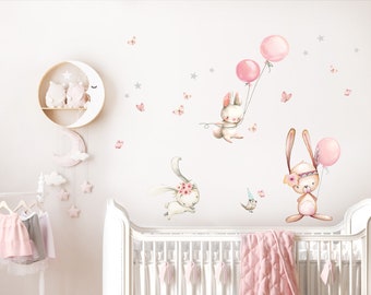 Wall decal baby room bunnies & balloons stars clouds sticker nursery girl wall sticker baby girl room DL726